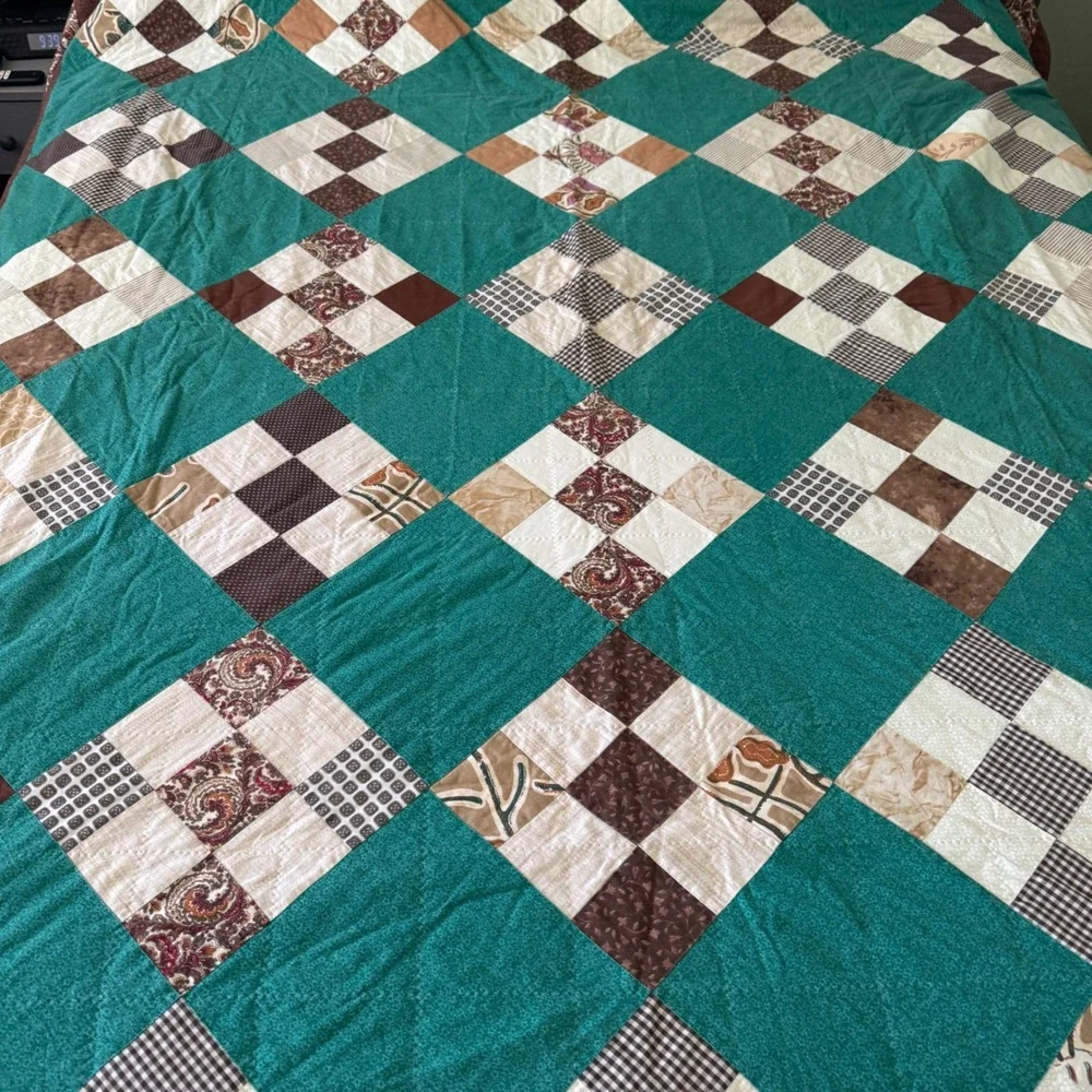Handmade Patchwork Quilt Teal Brown Paisley Reversible Queen King 78x102